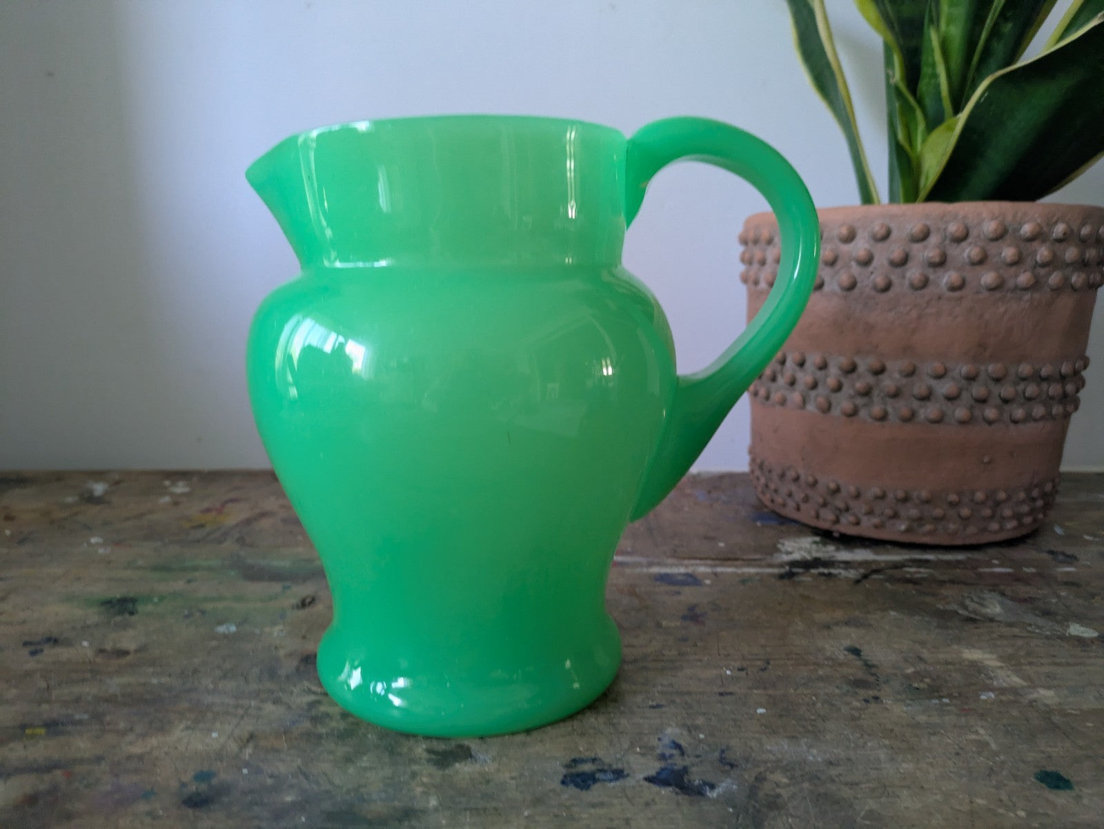 Antique Green Uranium Glass Water Jug Pitcher Jade Jadeite Art Deco Opaque Large