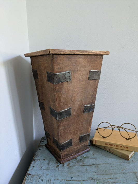 Vintage Old Handcrafted Iron Fitted Wooden Flower Pot / Planter Collectible Tall