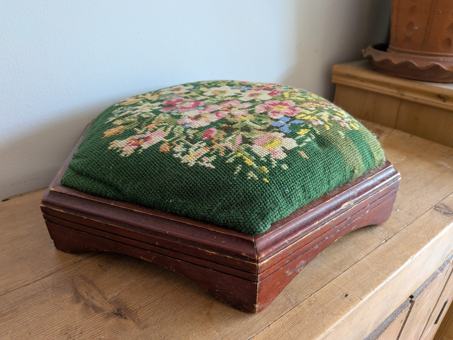 Vintage Hexagonal Footstool Embroidered Needlepoint Wood Floral Tapestry Stool