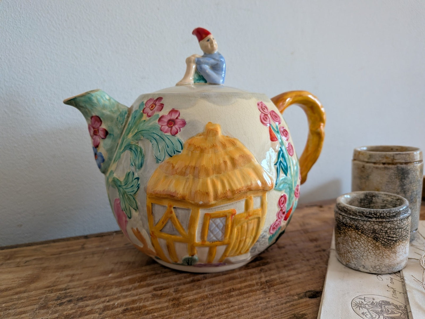 Vintage Art Deco Teapot Leprechaun Pixie Castle Fairytale Cottage Garden Floral