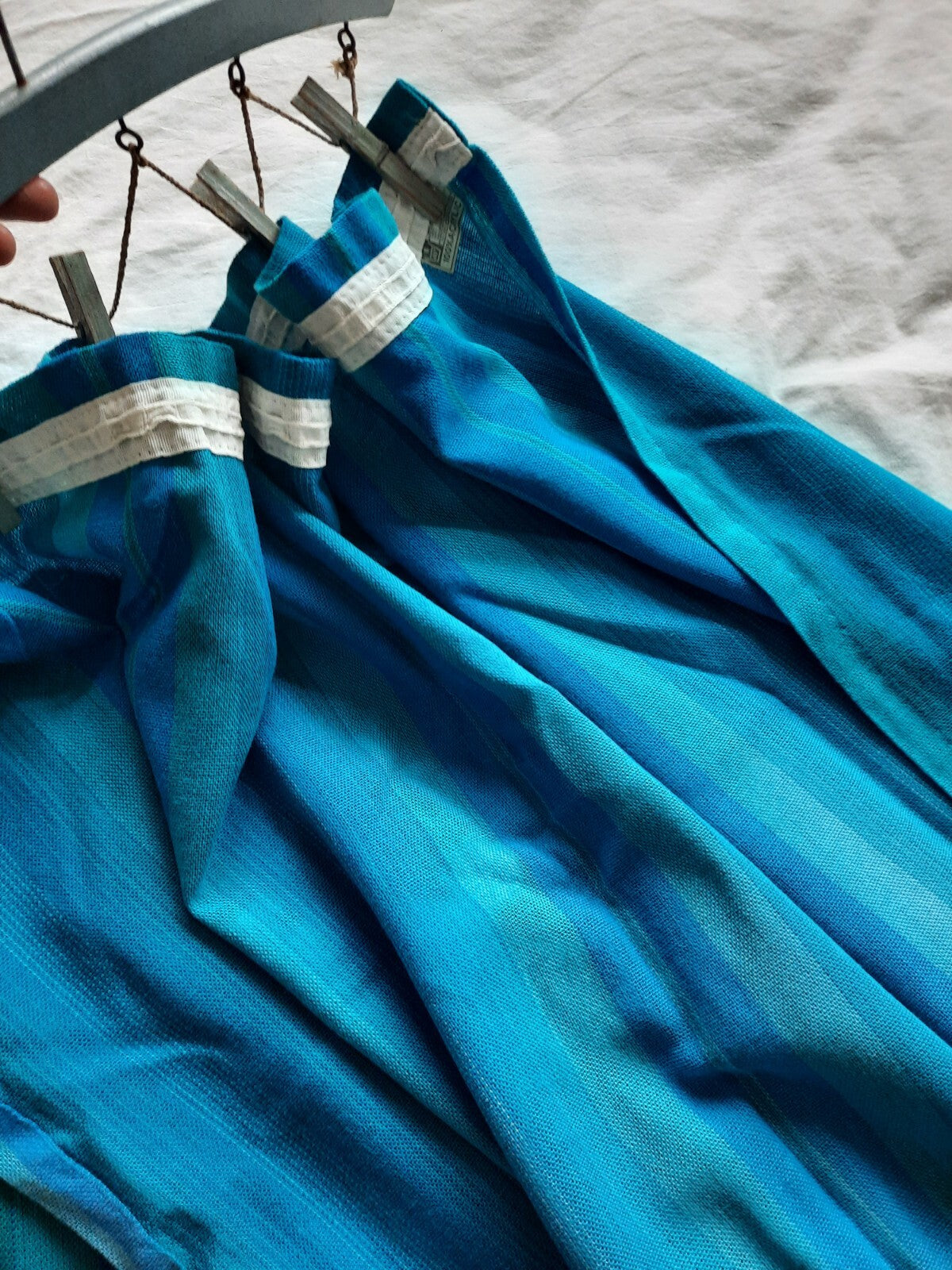 PAIR VINTAGE RETRO TEAL BLUE GREEN STRIPE MIDCENTURY CURTAINS 131cmD 114.5cmW