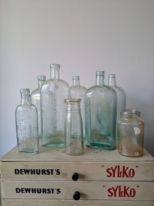 8x Antique Vintage Glass Bottles vase flower Scrubbs Chemist apothecary curved