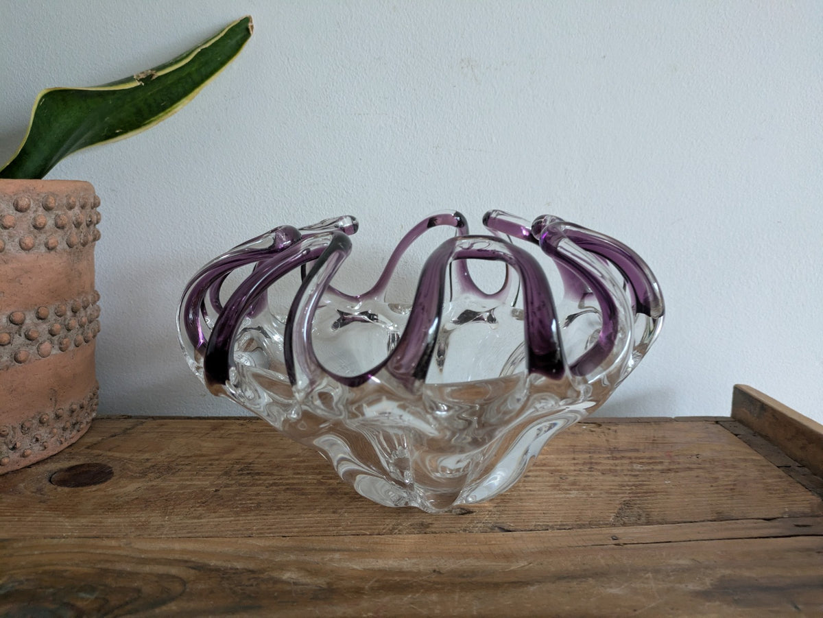 Egermann Bohemian Glass Purple Flower Shaped Art Glass Bowl Czech Republic Vtg