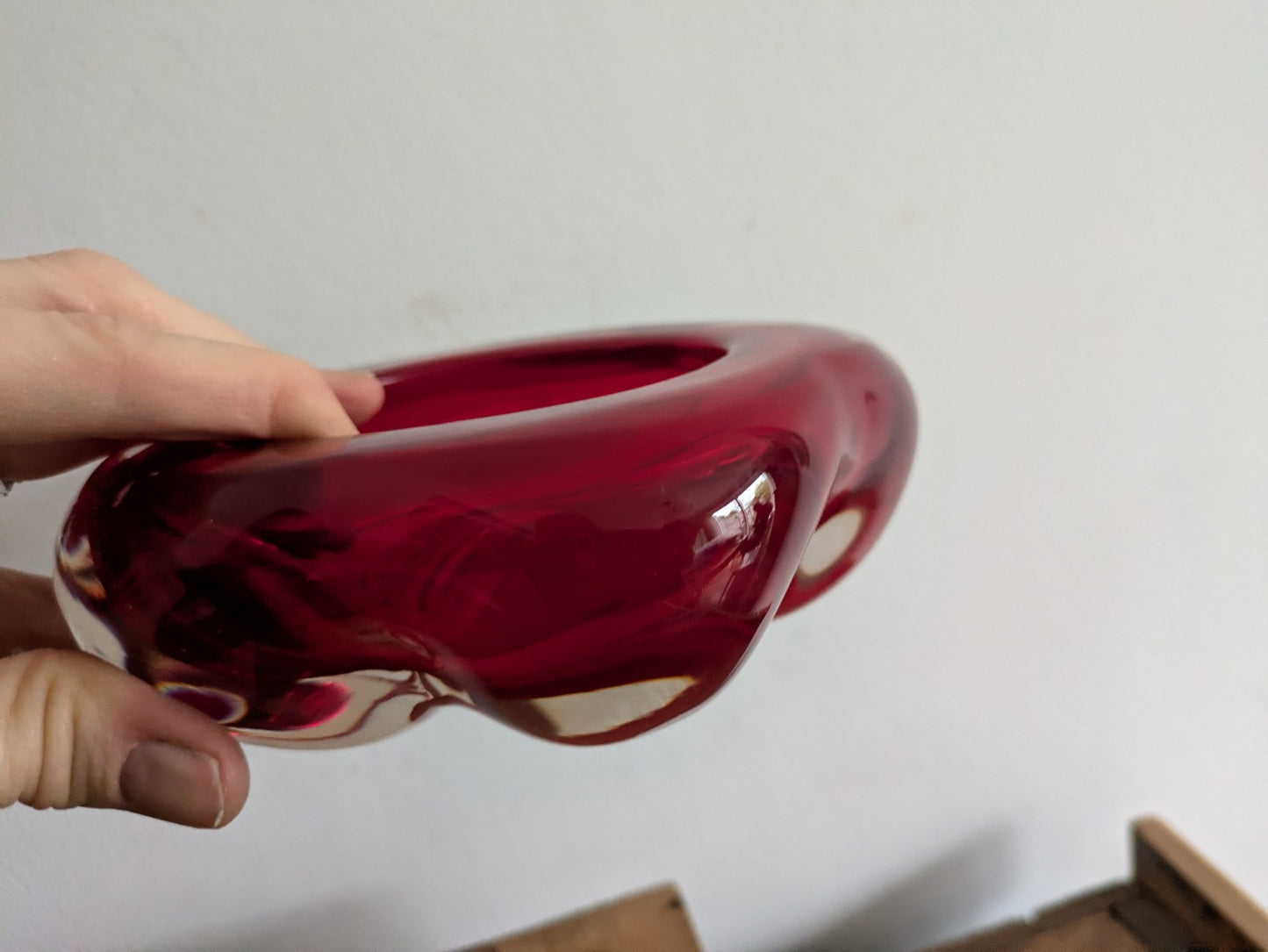 Whitefriars Ruby 5 Lobed Dish PatNo.9408 Flower Shape Cased Red Bowl Vtg Retro