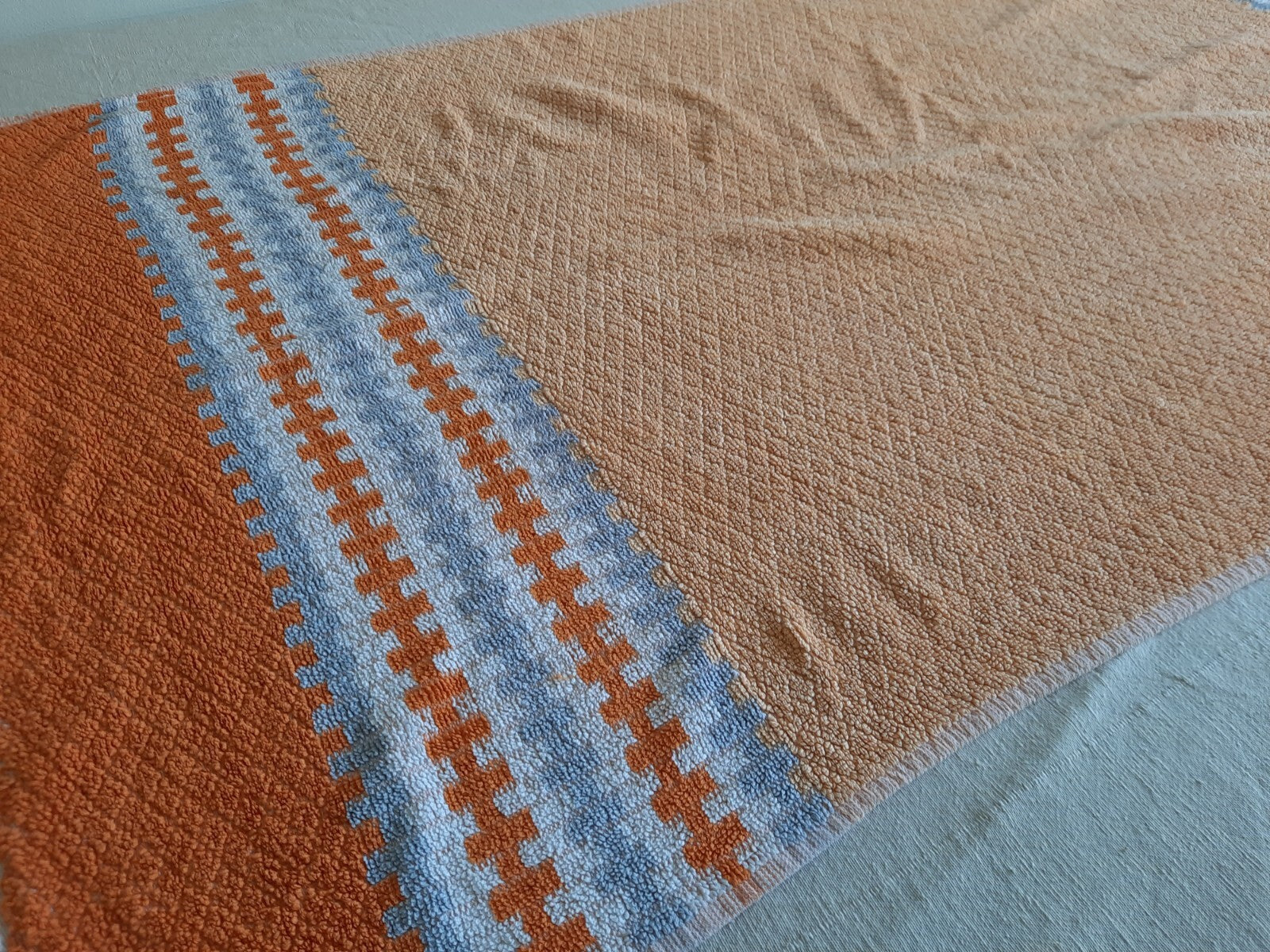 1 Vintage Towel Orange Retro Hand bathroom prop Midcentury Cotton Check Mcm old 