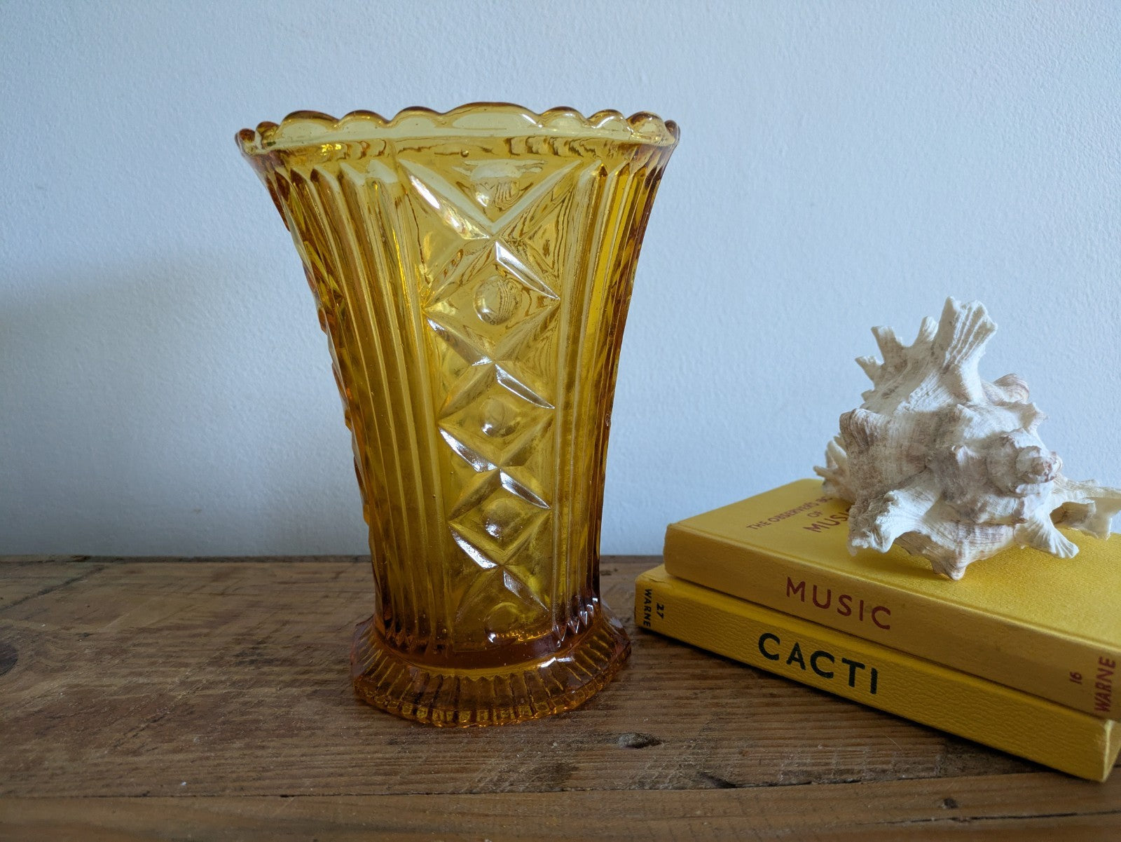 Vintage Art Deco Fluted Amber Glass Flared Vase Heavy Yellow Gold Flowers 17cm H