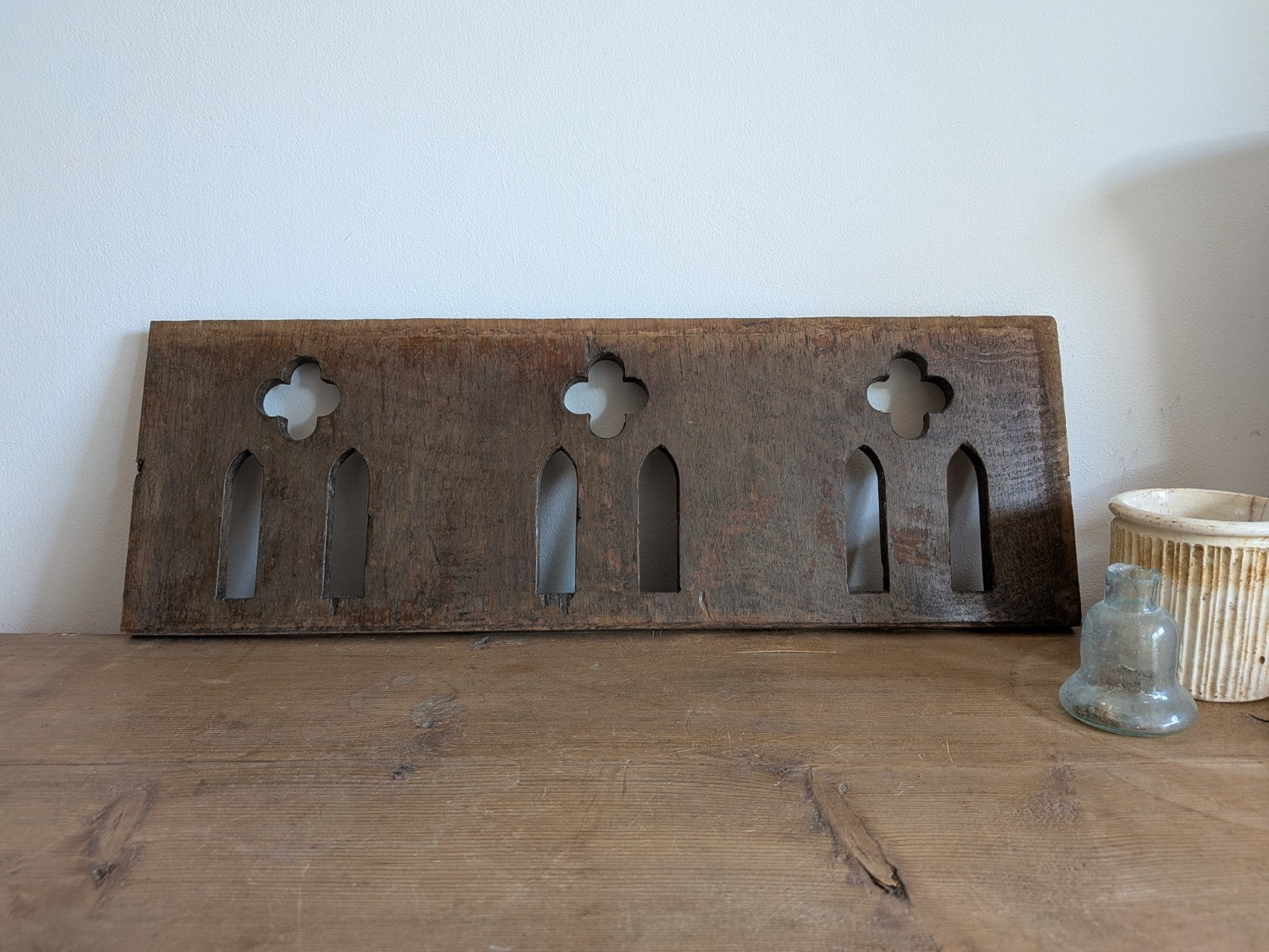 Antique Gothic Revival Panel Solid Oak Wood Salvage Lecturn Piece Clover Arch