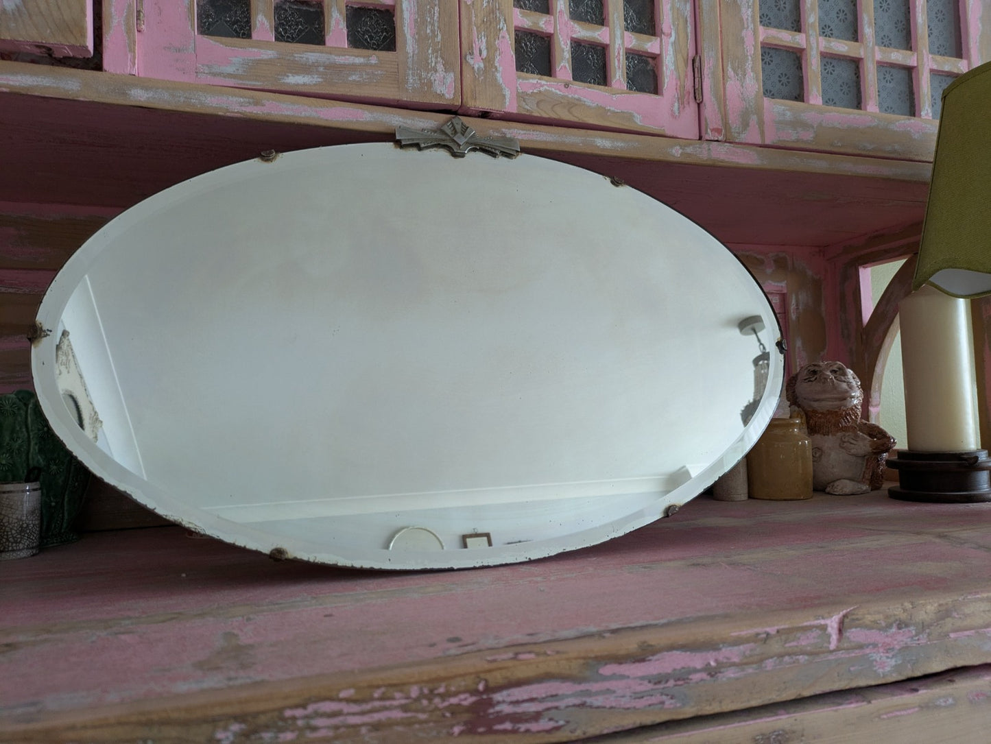 Art Deco Bevel Edge Wall Mirror Frameless & Chain Bevel Edge Oval Vintage Finial