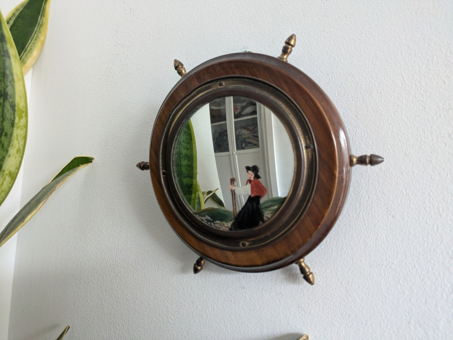 Antique Porthole Maritime Mirror Solid Oak Small Ships Wheel Nautical 1920s Vtg
