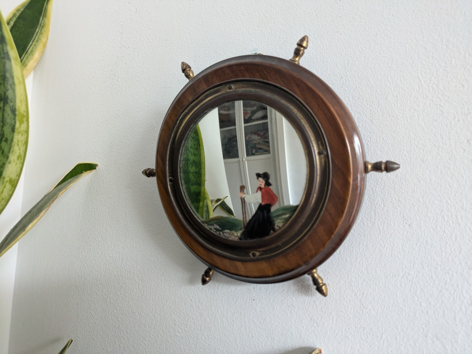 Antique Porthole Maritime Mirror Solid Oak Small Ships Wheel Nautical 1920s Vtg