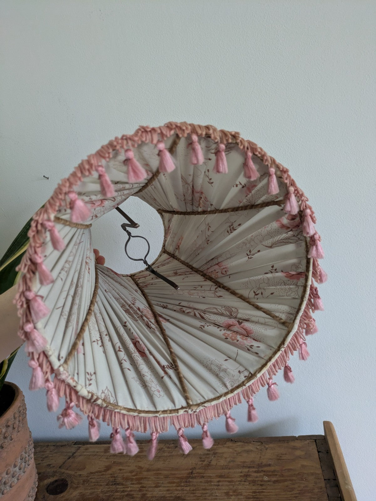 Vintage Large Floral Lamp Shade With Tassels Pleated Tall prop table lampshade 