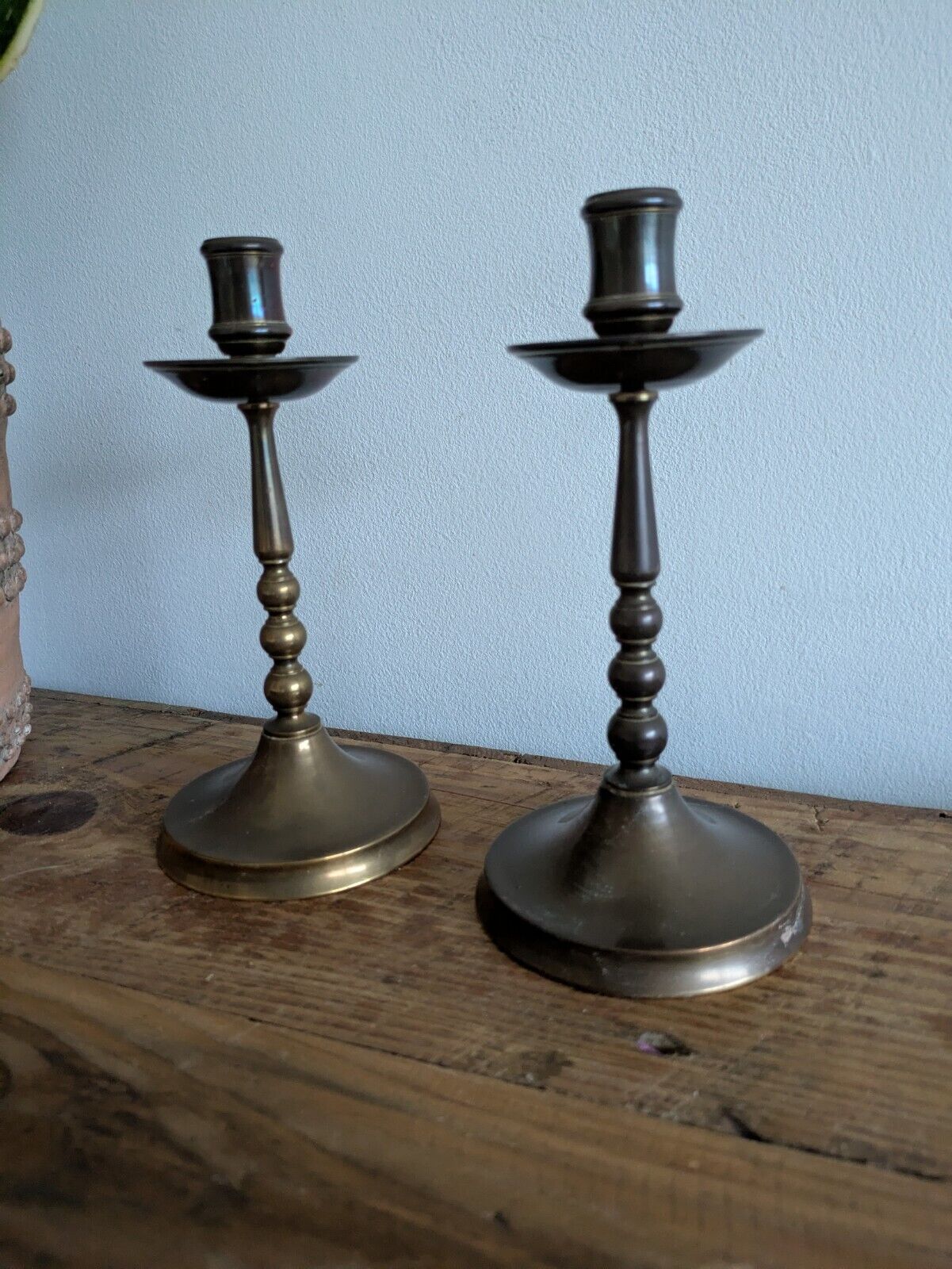Pair Of Vintage Indian Brass Candle Holders Candle Sticks Set Two Prop Mantle