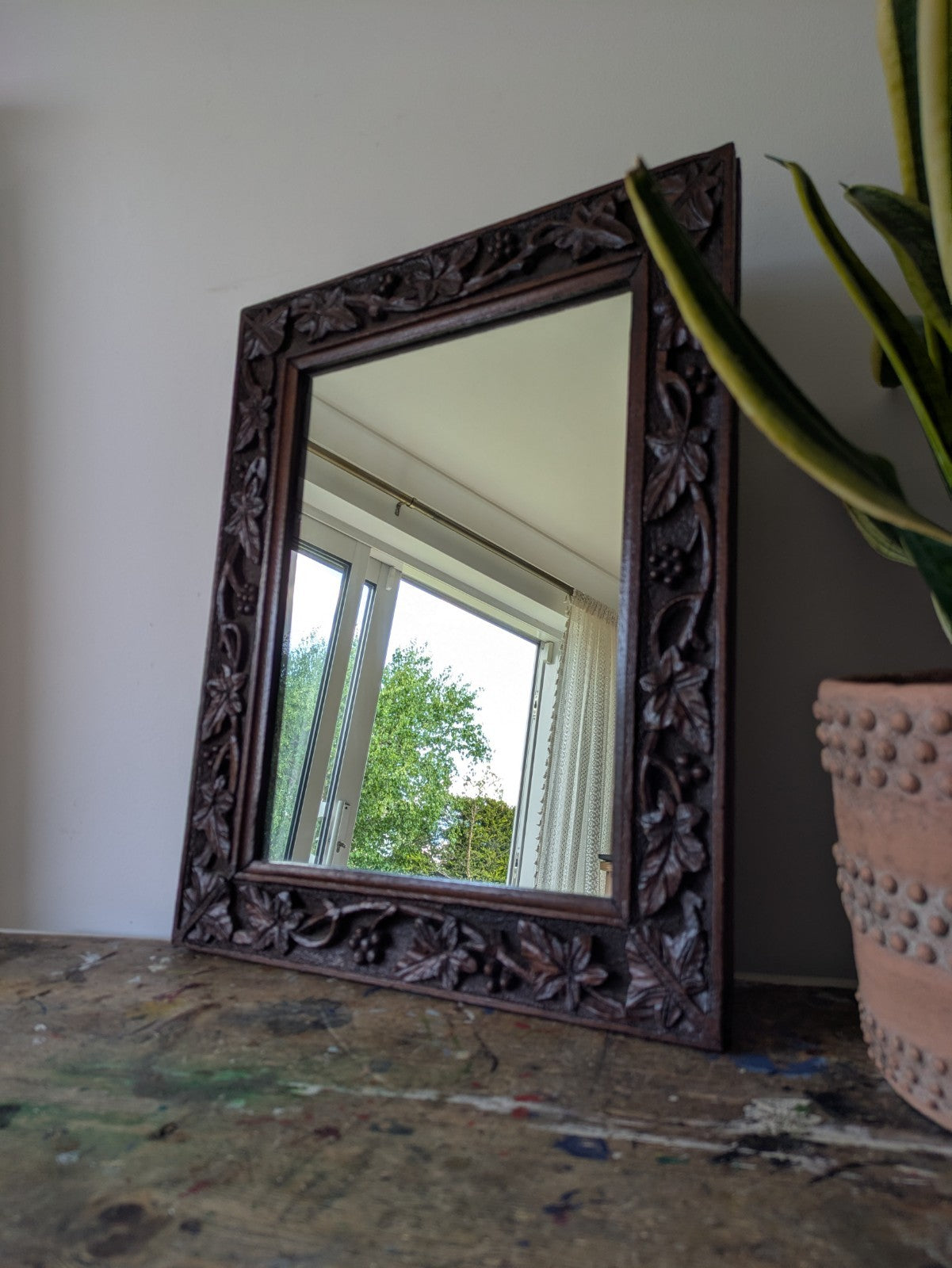 C1890 Victorian Rectangular Mirror Antique Oak Hand Carved Frame Berries Leaves