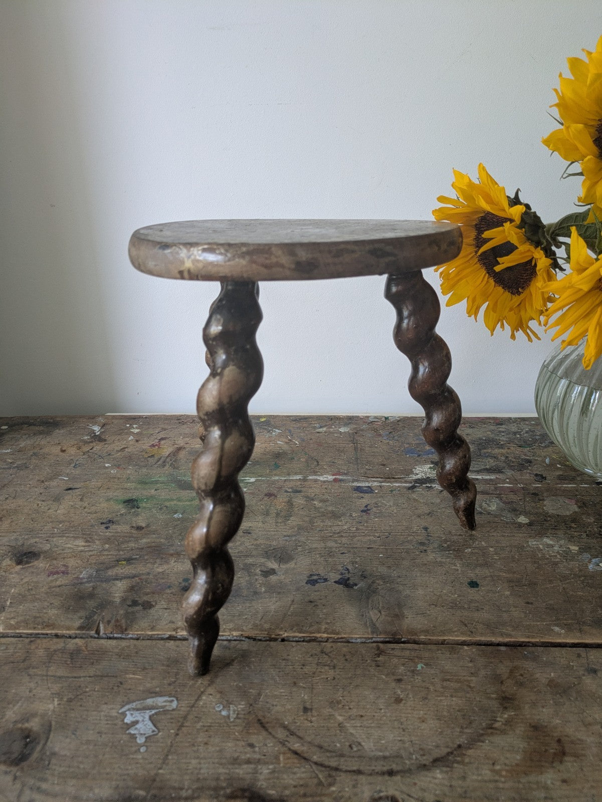 Antique french plant table Mid-1900's woodwork stool Twist Leg Tripod Spiral 