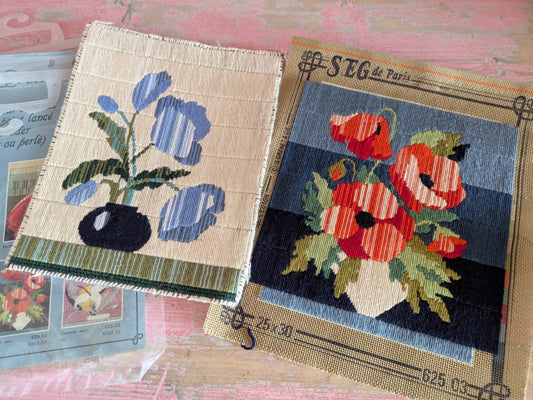 French Pair Of Floral Flowers Needlework Tapestry Kit Complete Panel Stitched