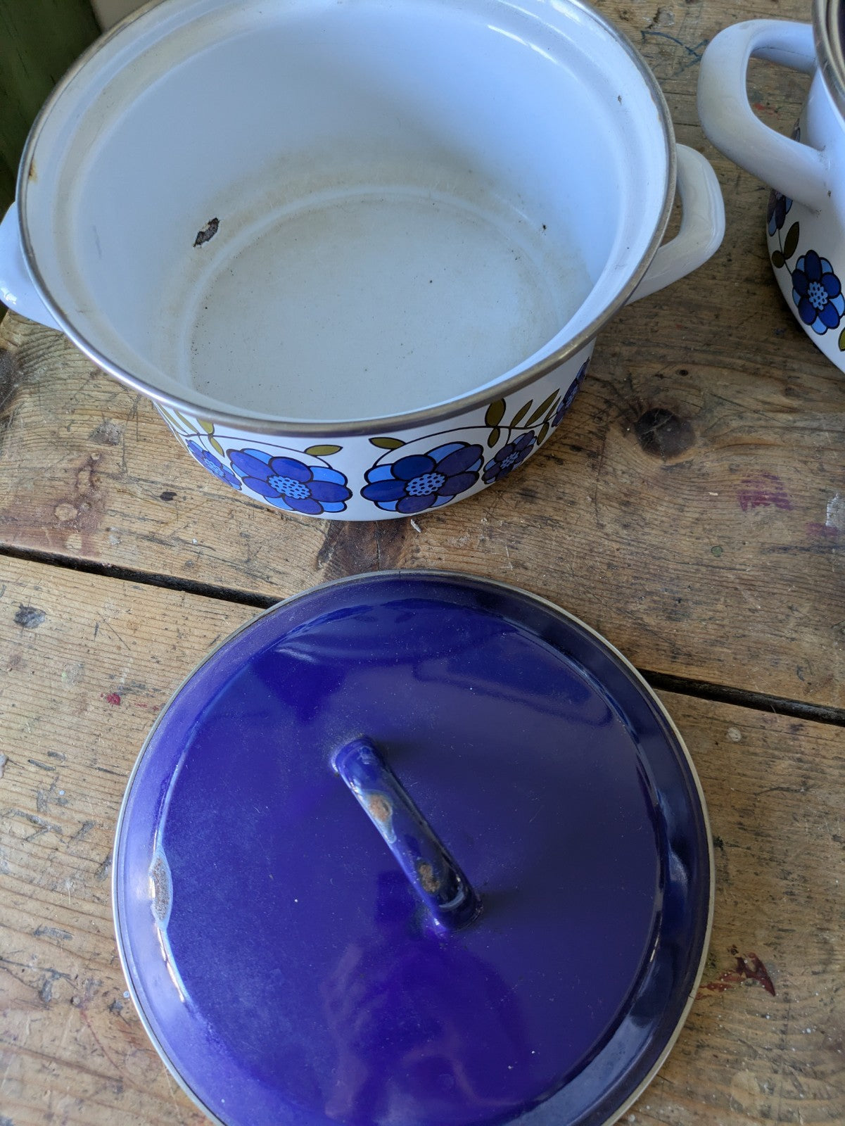 3x Vtg 70s Blue Taunton Vale Floral Saucepan Casserole Dish Pans Enamel Retro
