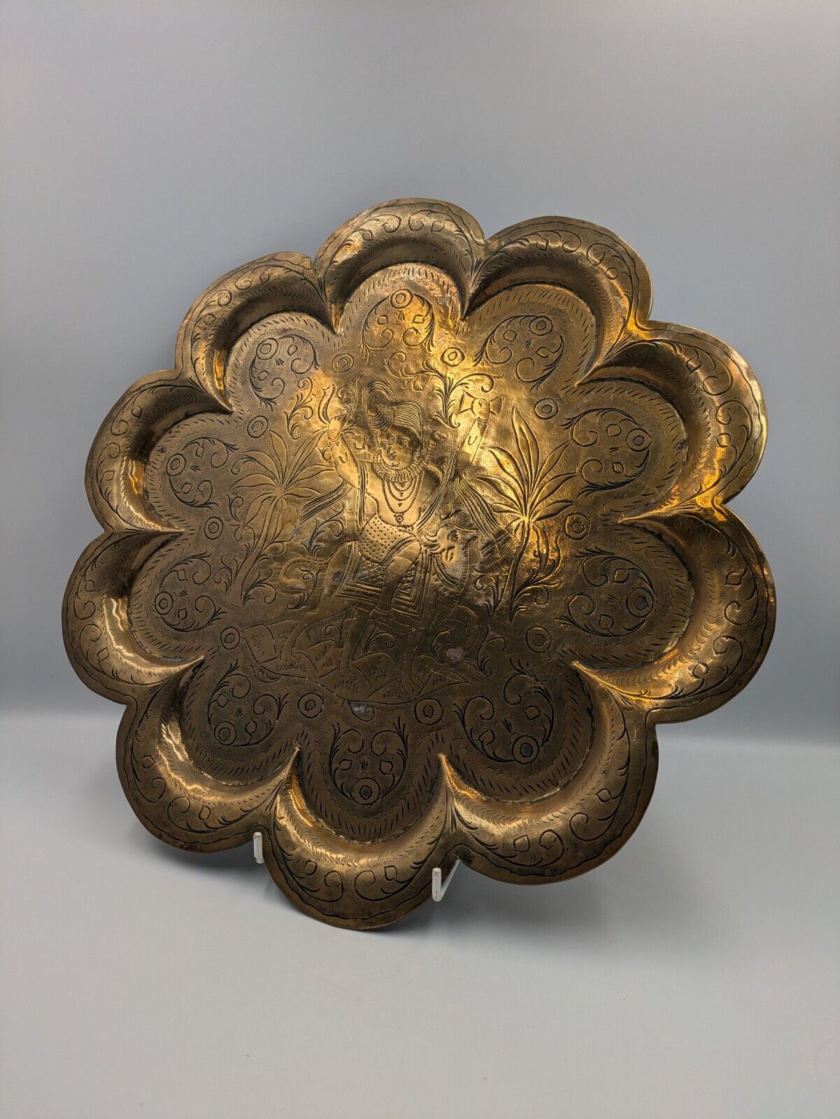 Antique Indian Hindu God Shiva Carved Plate Floral Carved Brass plate Tray Naga 
