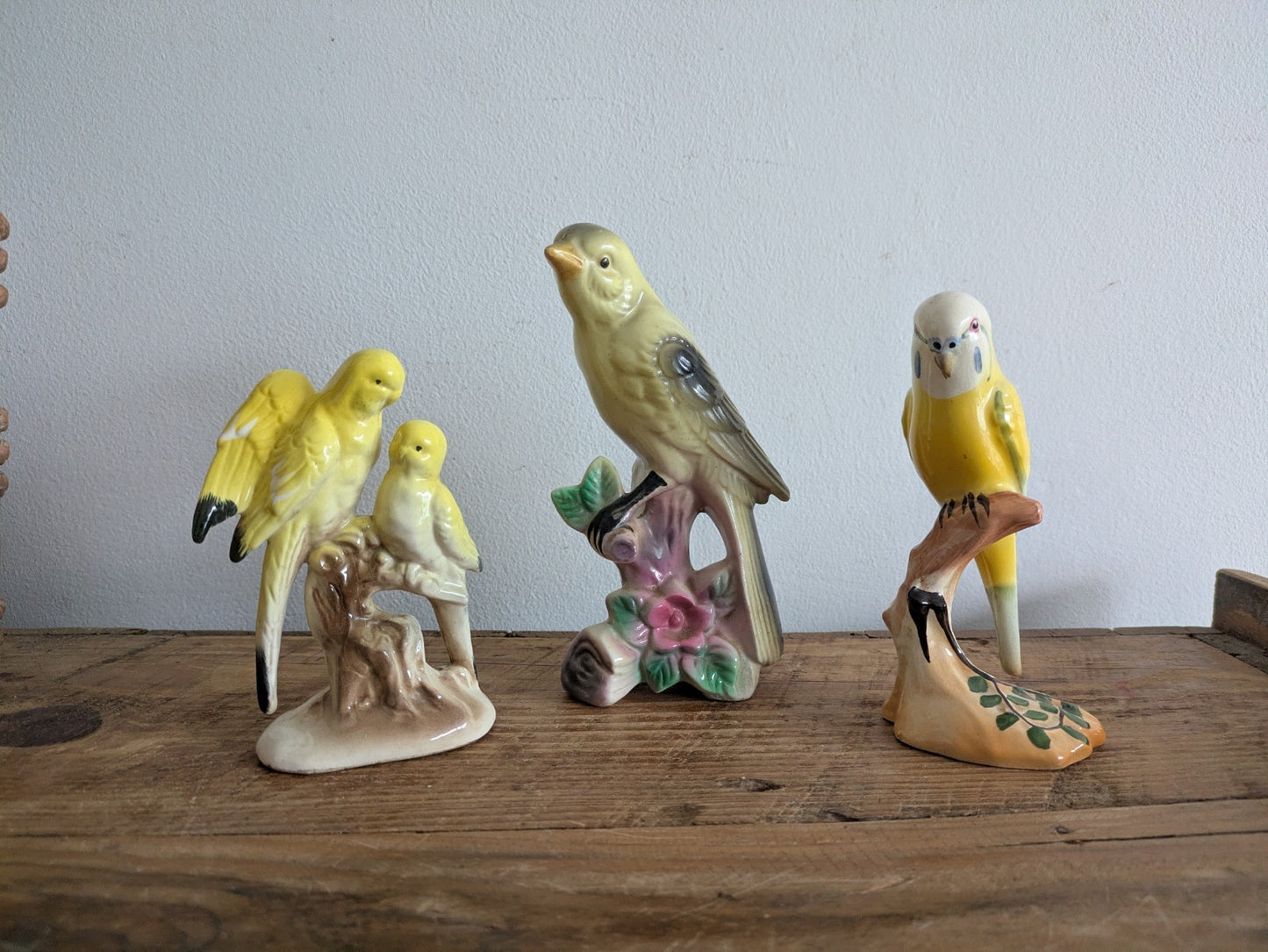 3x Rare Lot Yellow Budgie Mid Century Bird Retro Ceramic Figurine Ornament Vtg