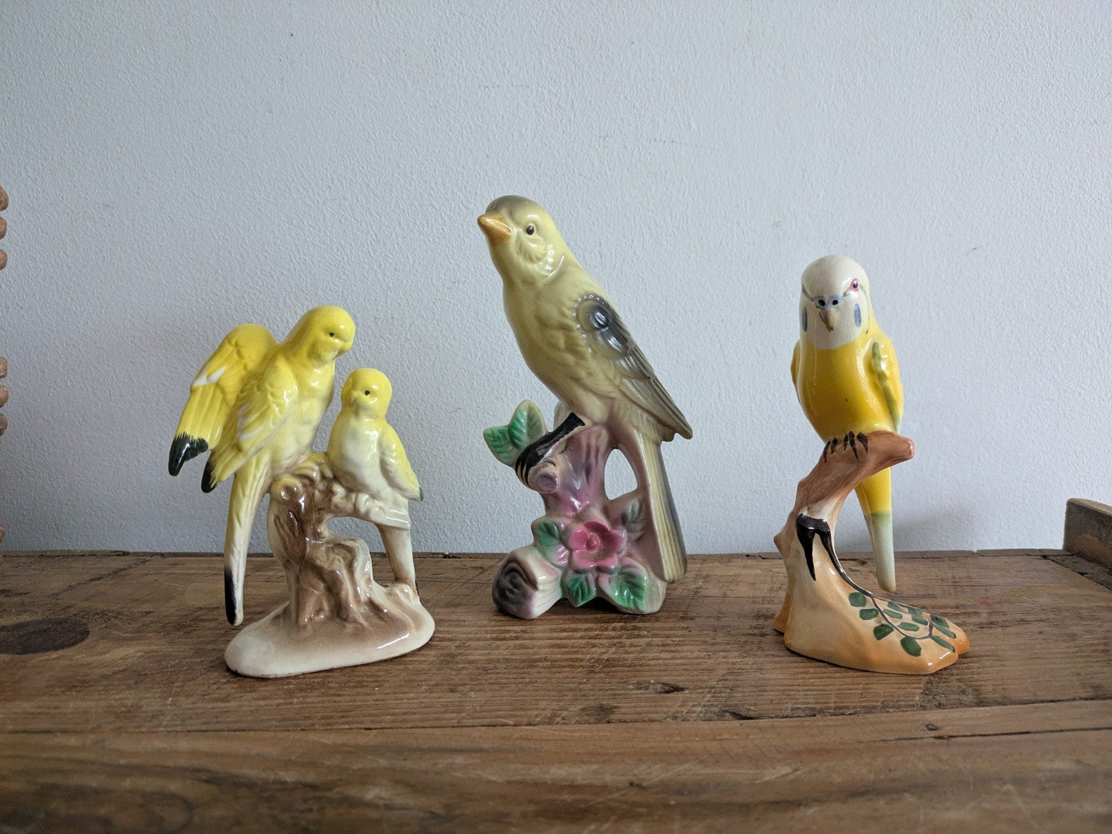 3x Rare Lot Yellow Budgie Mid Century Bird Retro Ceramic Figurine Ornament Vtg