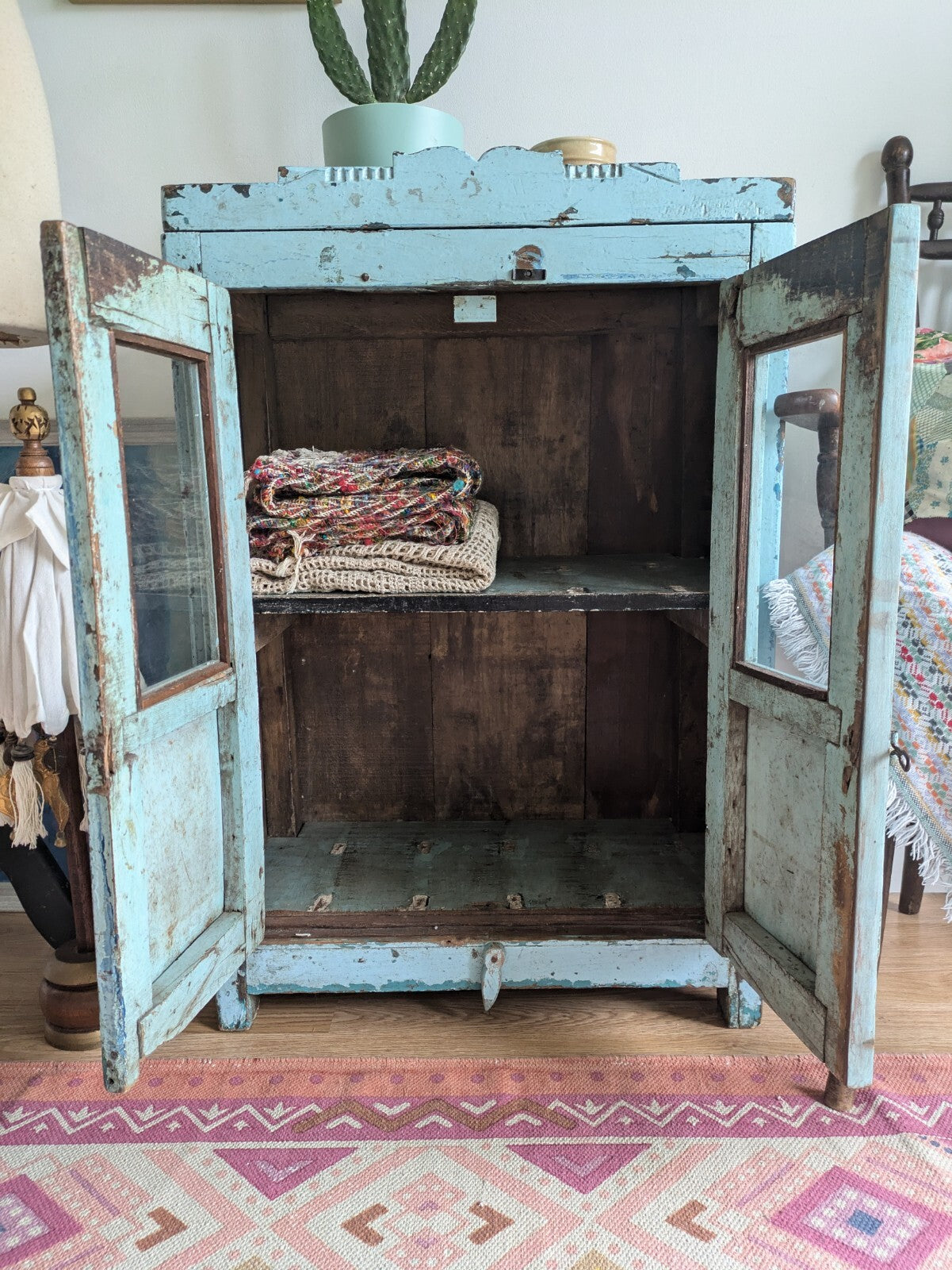 Small Antique Vintage Indian Cabinet Cupboard Painted Rare Glazed Blue Reclaimed