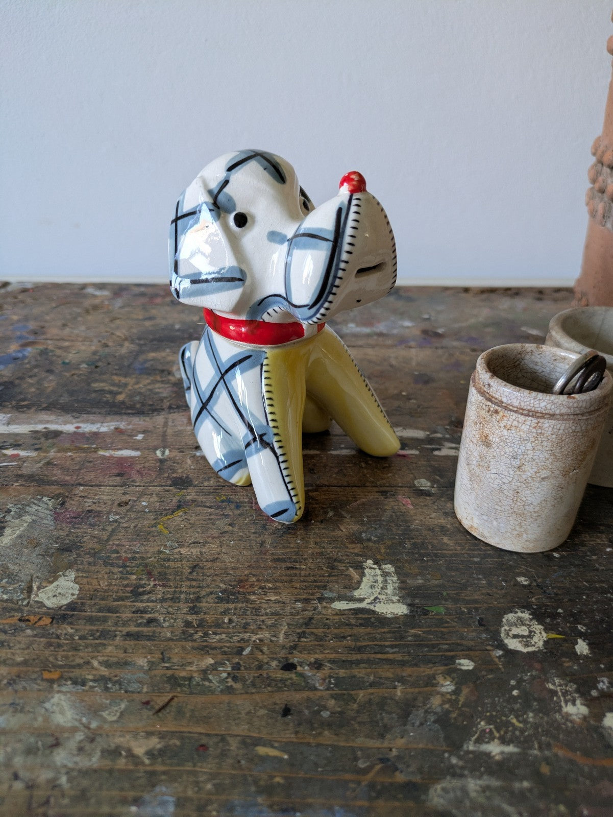 Vintage Kitsch Ceramic Novelty Dog Tape Measure Plaid Design Blue Retro 1950s!!