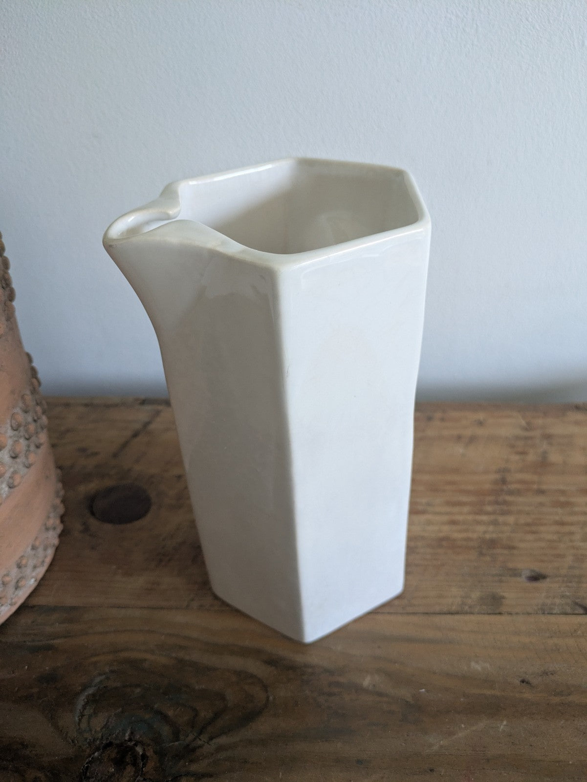 Vintage Deco White Ceramic Pitcher Jug Inset Handle Hexagonal Pitcher Crazed Vgc