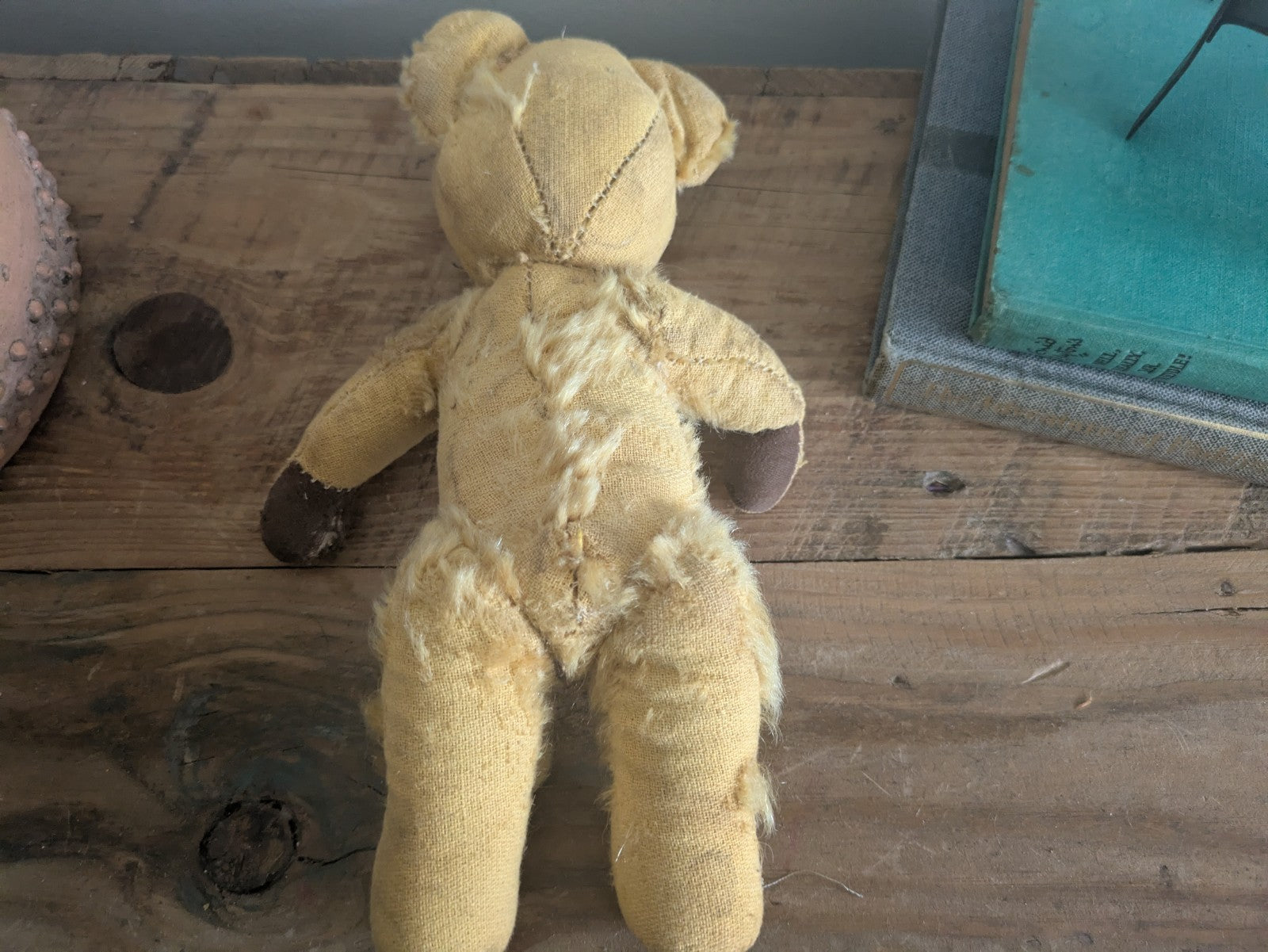 Antique Small Jointed Old Mohair Teddy Bear straw stuffed vintage RARE worn toy!