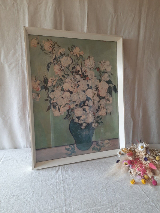 Vintage 60s Van Gogh Flowers in Vase Print Framed Cottagecore Shabby Chic Floral