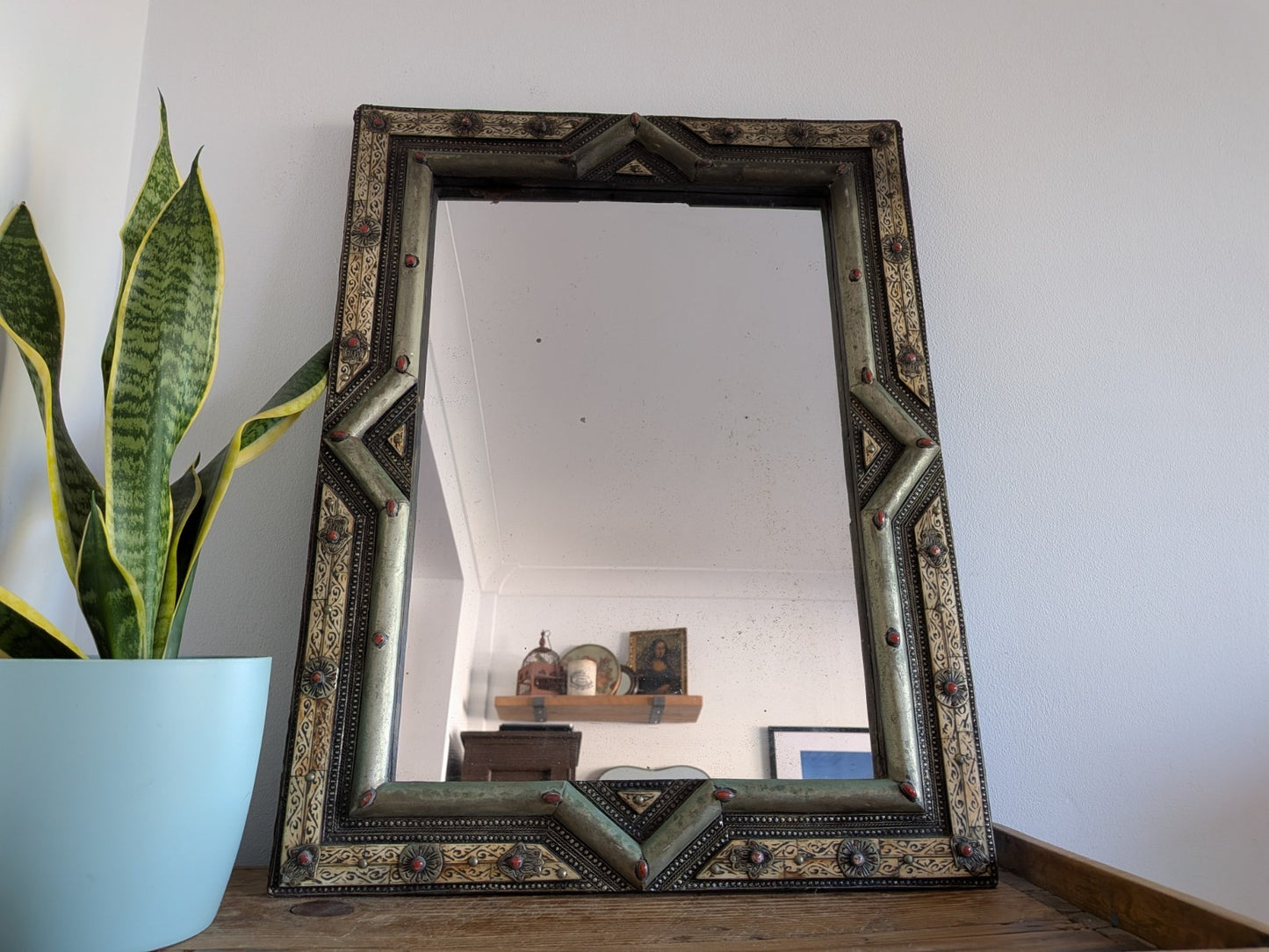 Vintage Ancient Handmade Moroccan Wall Mirror Brass Bone Camel Inlaid Mosaic XL 
