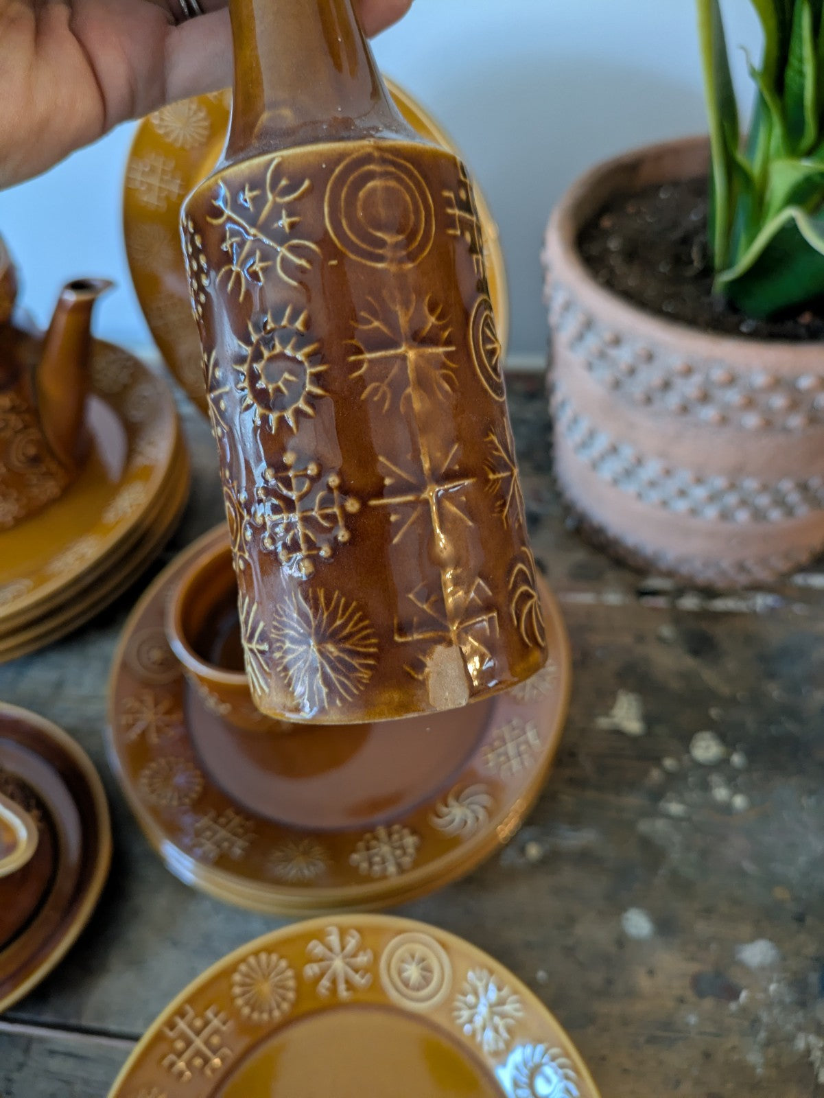 Portmerion Susan Williams Ellis Totem Dinner and Coffee Set Brown Retro Vintage 