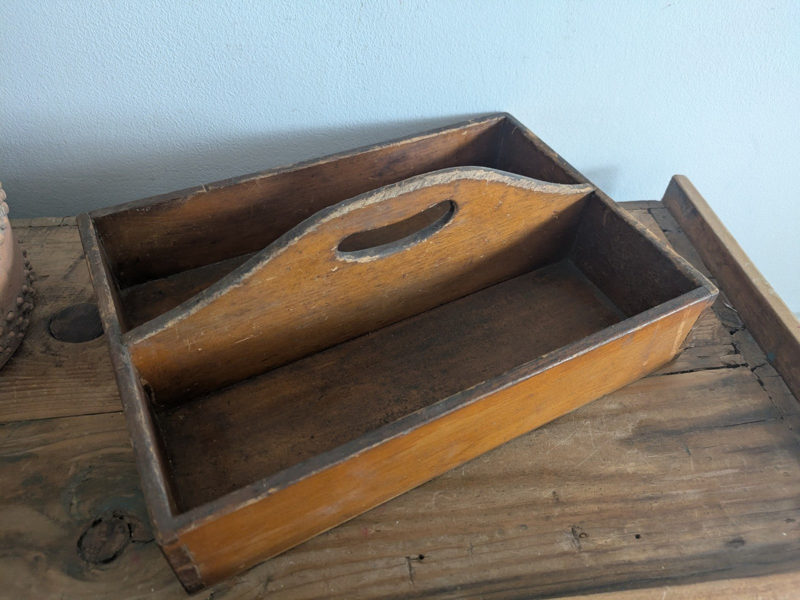 Vintage Antique Wooden Cutlery Tray / Knife Box Kitchen Trug Sectional Prop Old