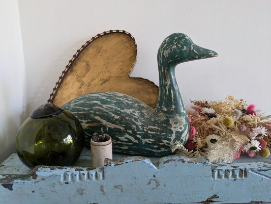 Carved Wood Duck Decoy Vintage Large Painted Solid Green Decor TimeWorn Ornament