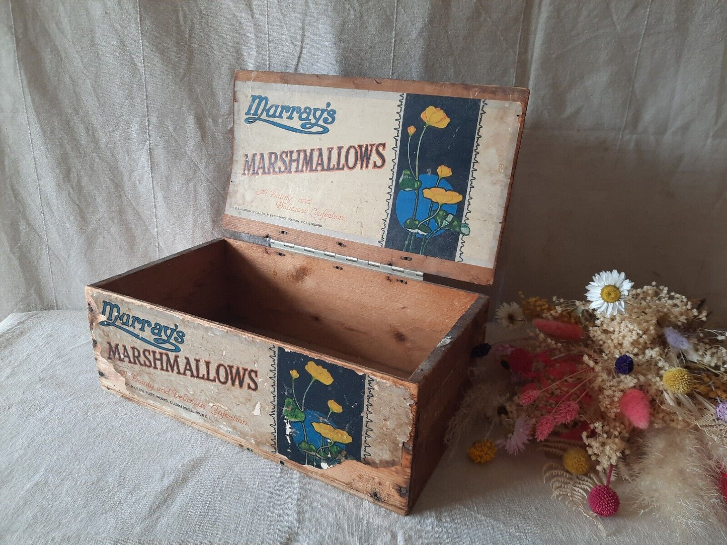 Antique 1920s 1930s Wooden Box Advertising Pine MURRAYS MARSHMALLOWS sweet Shop