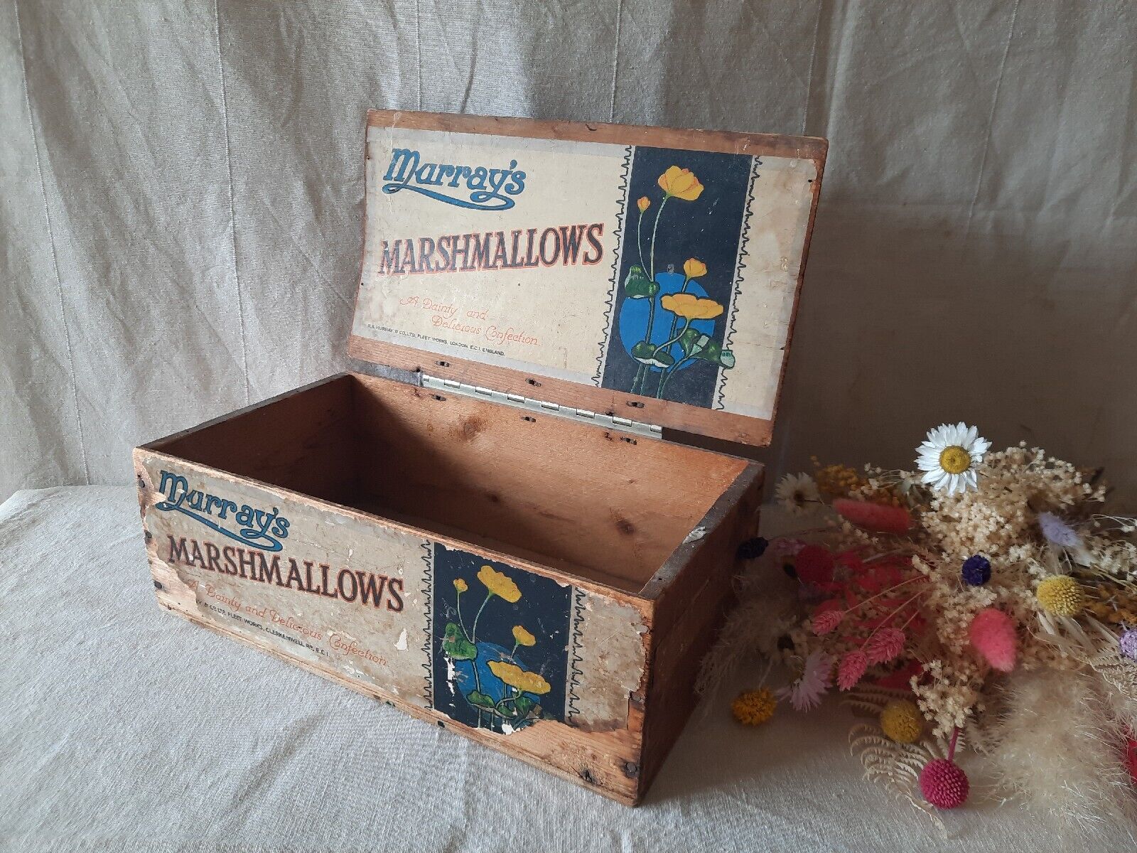 Antique 1920s 1930s Wooden Box Advertising Pine MURRAYS MARSHMALLOWS sweet Shop