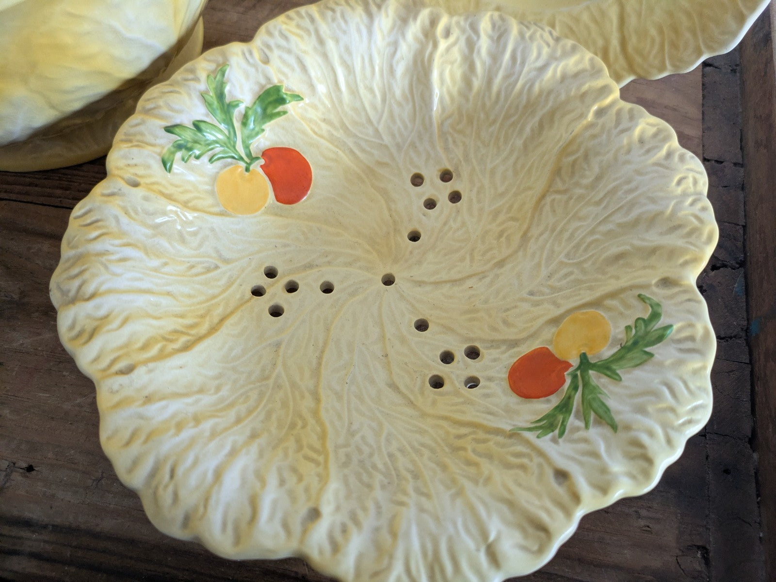 Falcon Ware Yellow Fruit Bowl Leaf Plate Painted Fruits Spring Art Deco Sieve