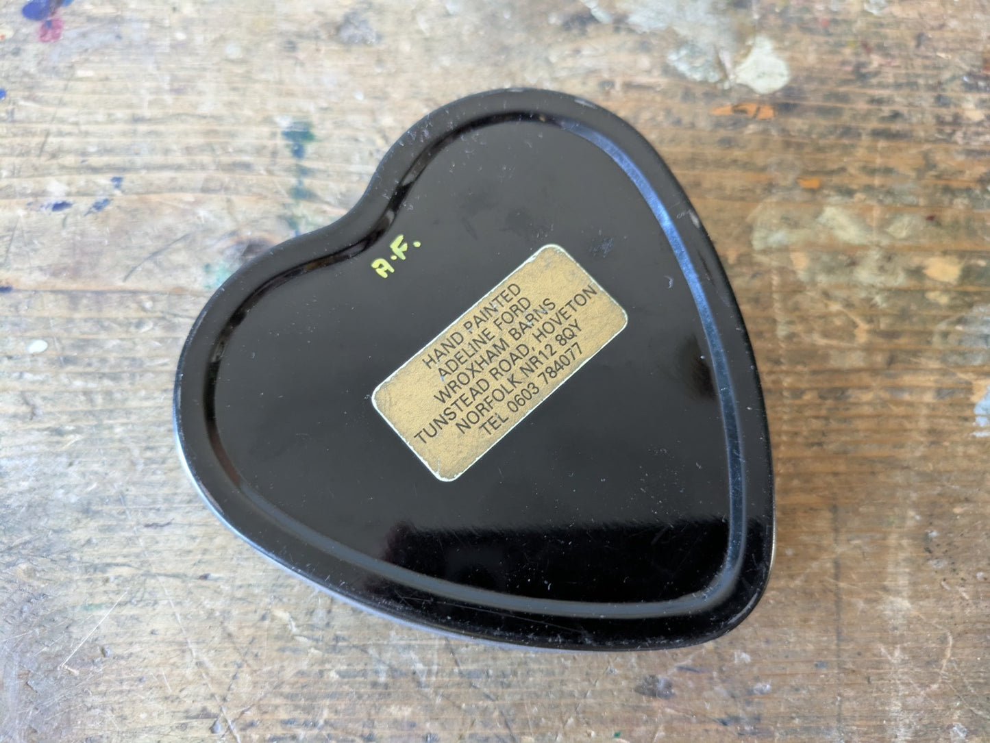Adeline Ford Norfolk Hand-painted Floral Black Heart Shaped Tin Pot Trinket Box