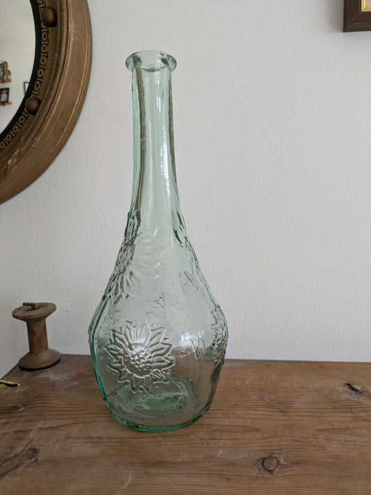 VINTAGE ART GLASS GENIE BOTTLE DECANTER WITH SUN FLOWERS NO STOPPER PRESSED Vgc