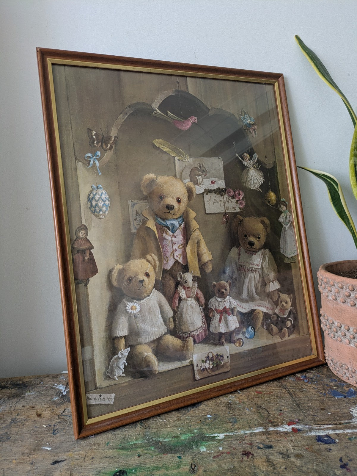 Large Vintage Deborah Jones Teddy Bear Print Framed Nursery Toys Child's Room 