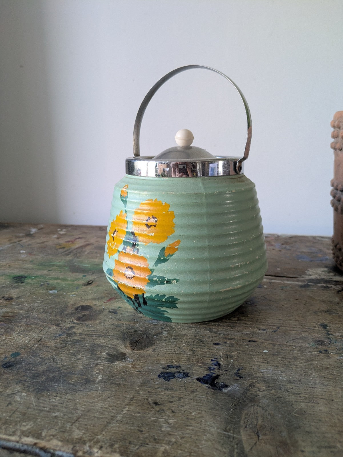 Vintage 1940s Brentleigh Ware Bramley Pottery Biscuit Barrel Chrome Lid Handle