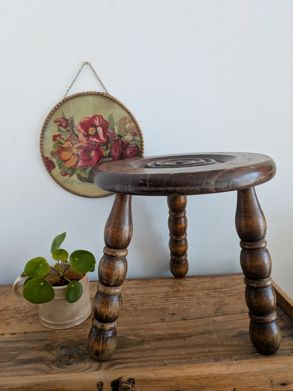 Antique Vintage French Oak Bulls Eye Round Rustic Milking Stool Plant Stand Vgc