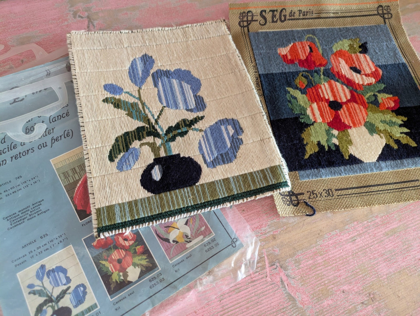 French Pair Of Floral Flowers Needlework Tapestry Kit Complete Panel Stitched