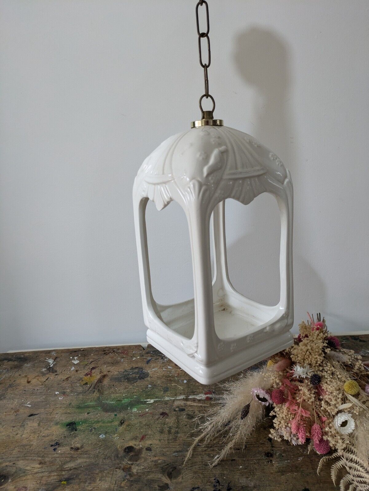 Large VTG White Ceramic Hand Painted Bird Cage Lantern On Chain Candle Holder Vg