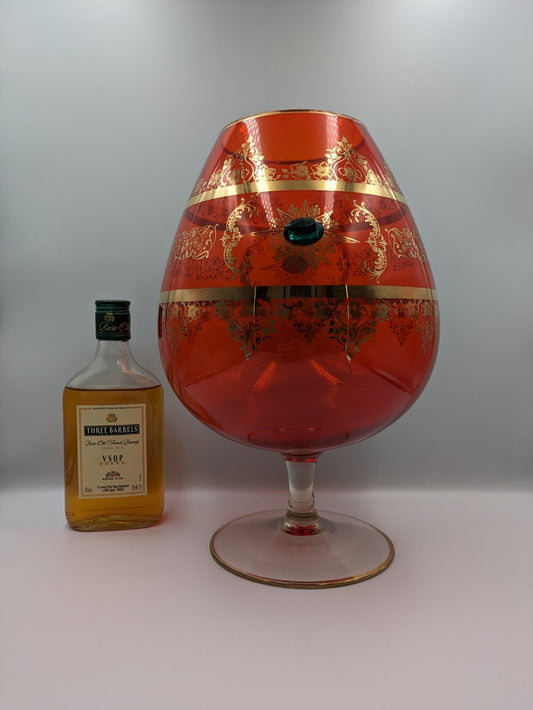 Vtg Cameo Venetian Ruby Gilt Gold Murano Glass Applied Gems Vase Snifter Brandy