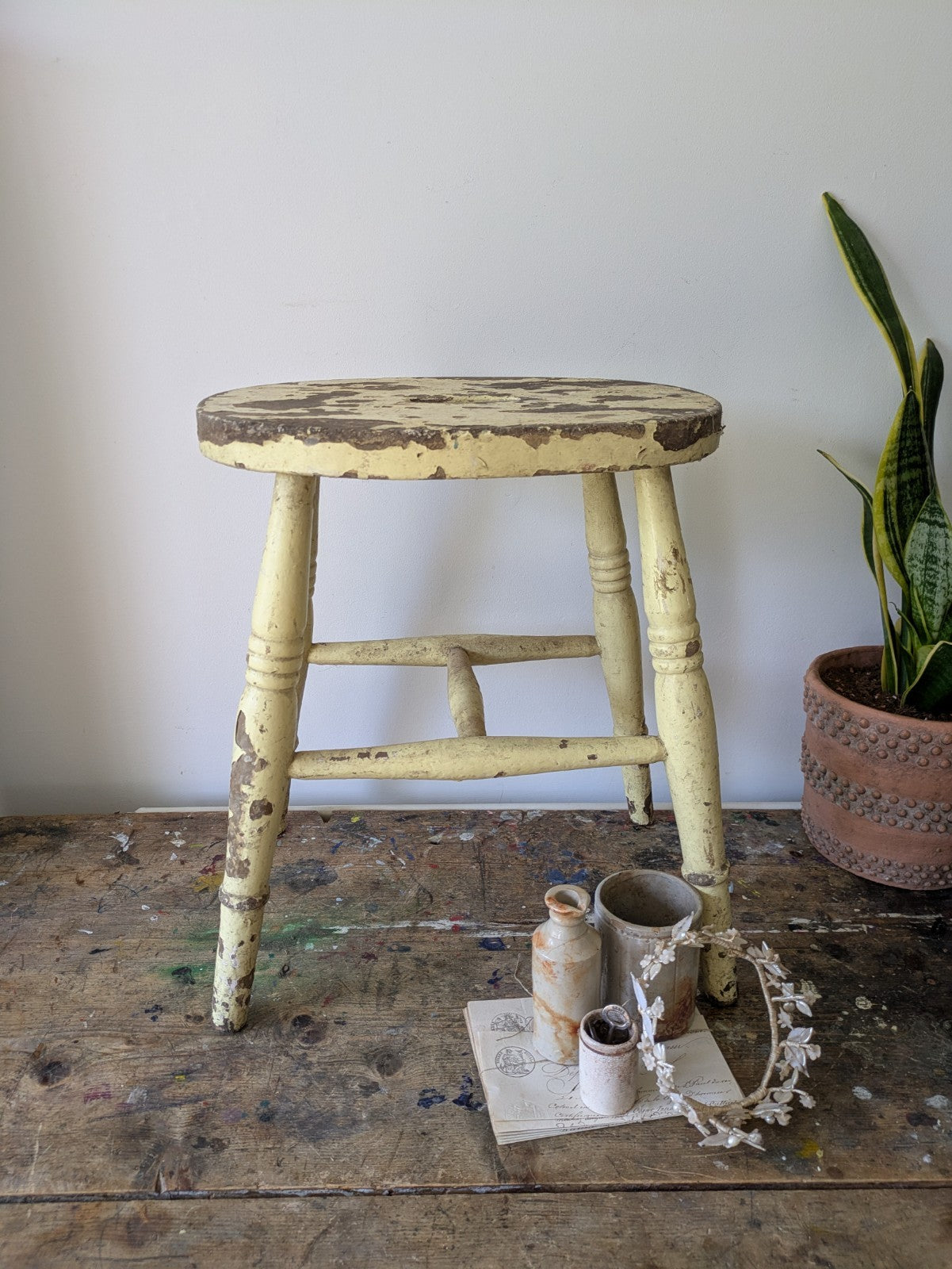 Vintage Victorian Kitchen Stool Wooden Seat Chippy Distressed Paint Yellow Wood