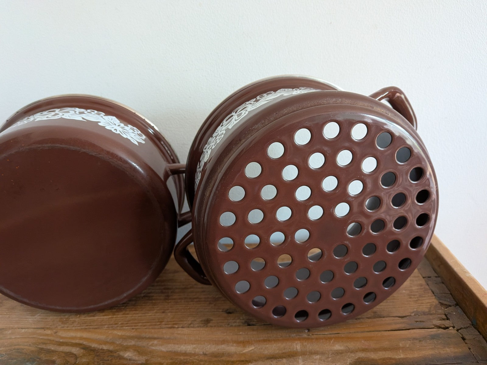 1970's Retro/Vintage Brown Enamel 2 Tier Steamer Stack Cooking Pan/Pot Set Pasta