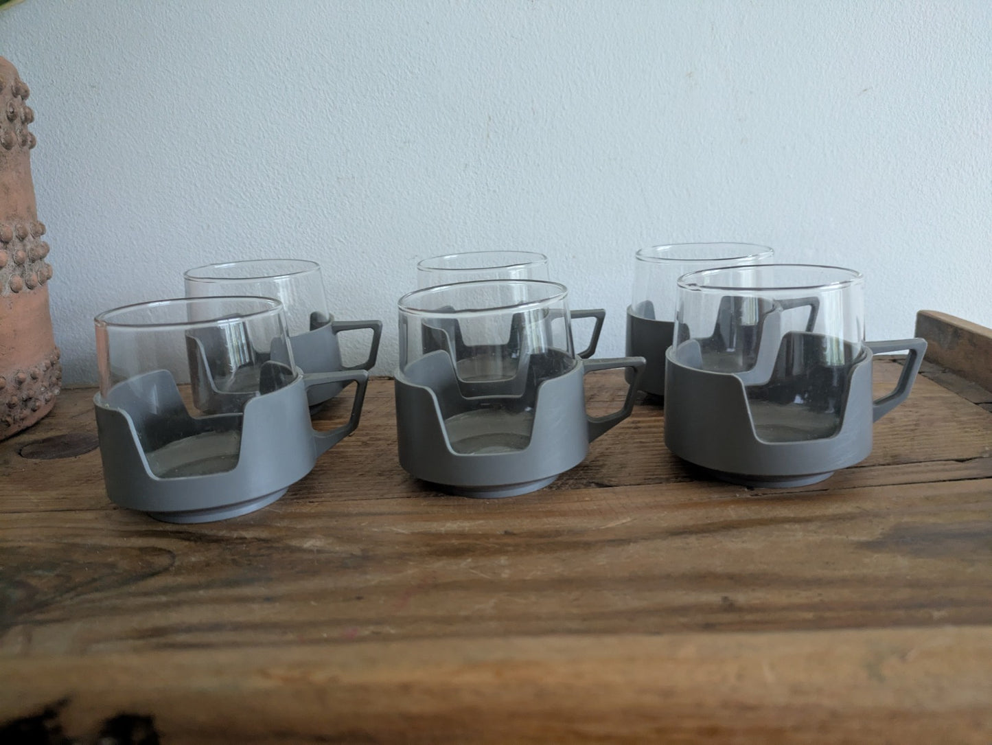 6 Grey Drink Mugs Cups Vintage JAJ Pyrex Camping Caravan Camper Picnic Set Retro