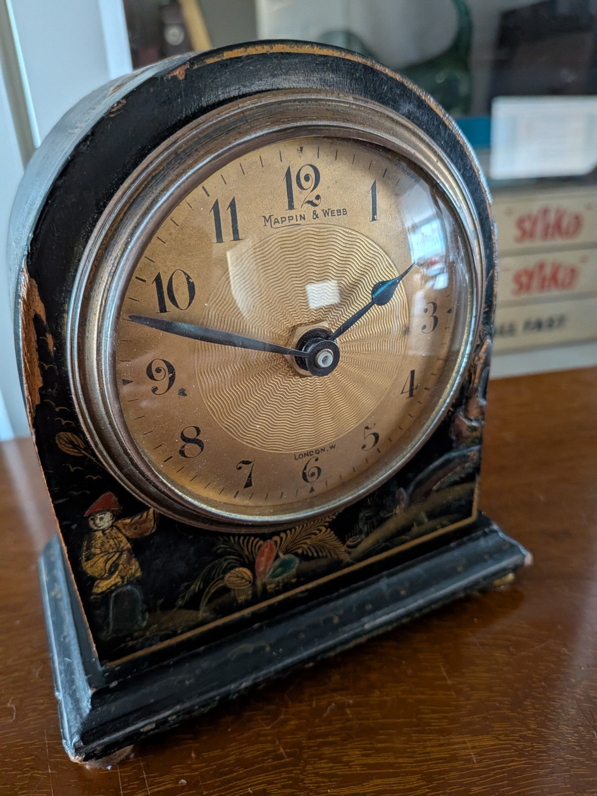 Vintage Antique Mappin And Webb Chinoiserie Chinese Black Lacquered Mantle Clock