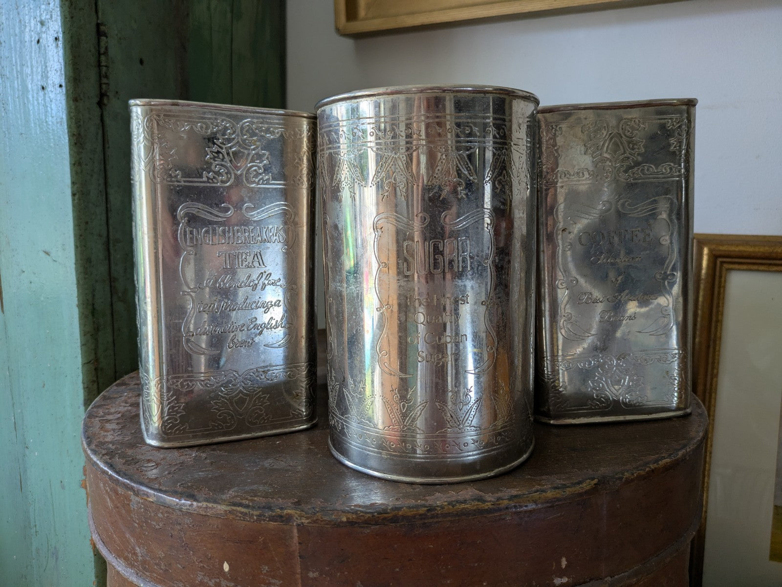 Vintage Canister Set Finest Quality Cuban Sugar, Coffee, Fine Teas Silver Metal