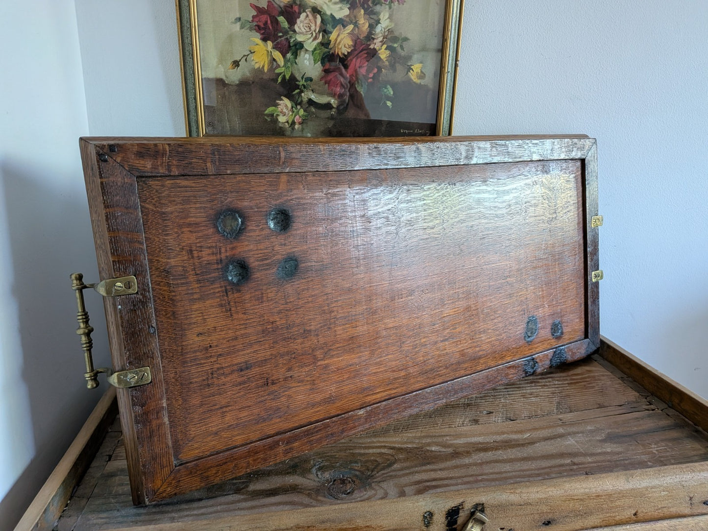 Pair Set Antique Wooden Serving/Butler Tray with Brass Arts & Crafts Handles Oak