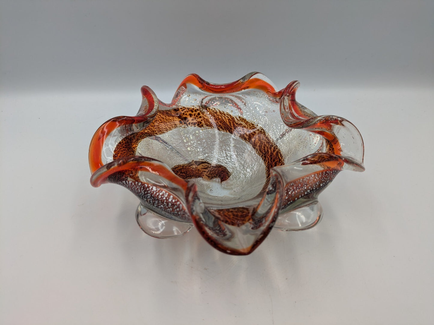 Vintage Retro Murano Art Glass Bowl Red Spiral Gold Dust Aventurine Dish Display